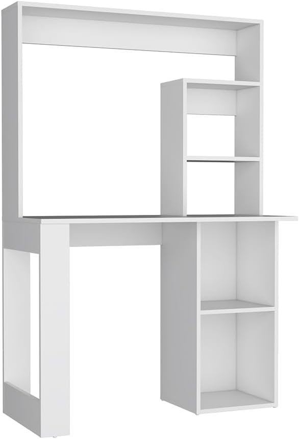 Maine Desk with Hutch and Shelves: White Engineered Wood Computer Desk for Home Office | Multi-Shelf Storage Sufficient Work Space