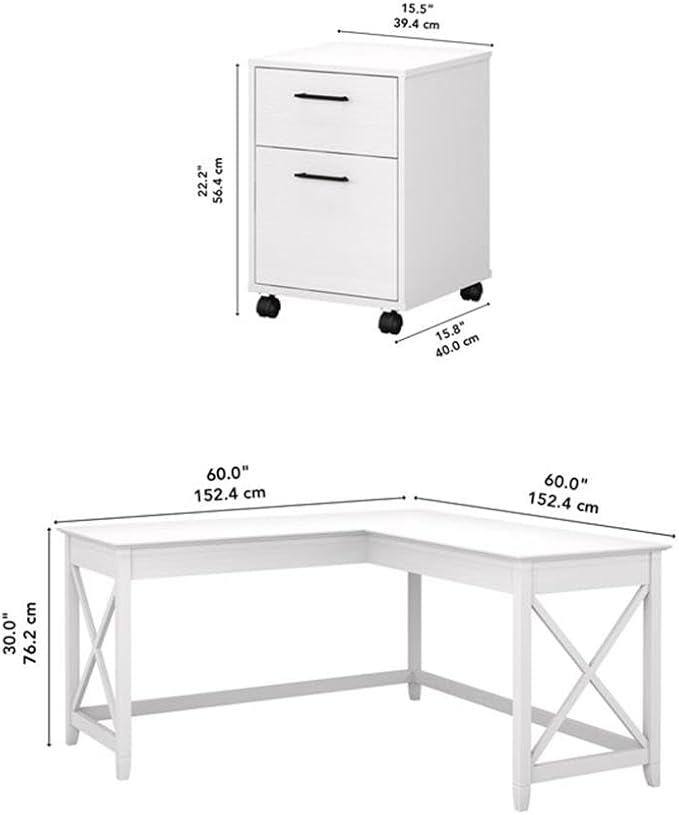 Bush Furniture Key West 60W L Shaped Desk with 2 Drawer Lateral File Cabinet in Pure White Oak Large Corner Table and Document Storage for Home Office