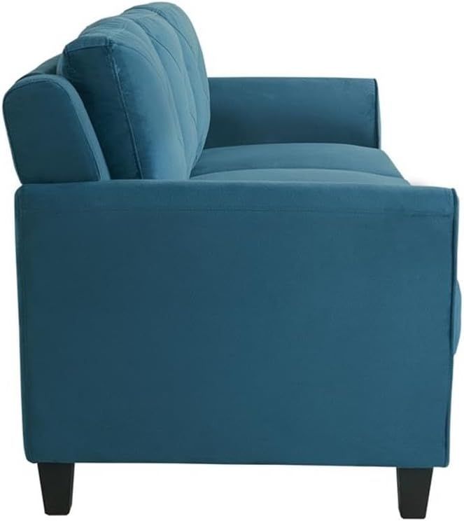 BOWERY HILL Transitional 78.7 W Solid Hardwood Frame Stationary Sofa with Tufted Back Cushions in Blue Premium Fabric Upholstery