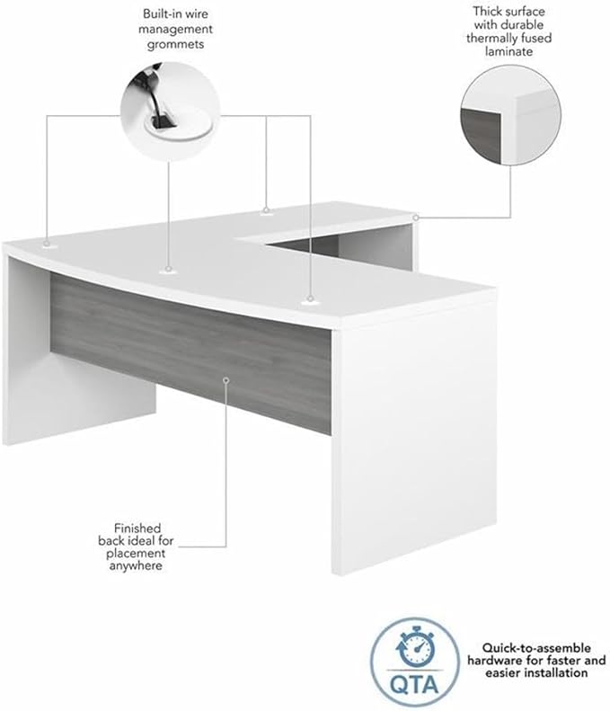Pemberly Row 72 Bow Front L-Shaped Desk Engineered Wood Gray/White Finish Durable Laminate Surface 200 lb Capacity Modern Style Home or Office Desk with Reversible Return