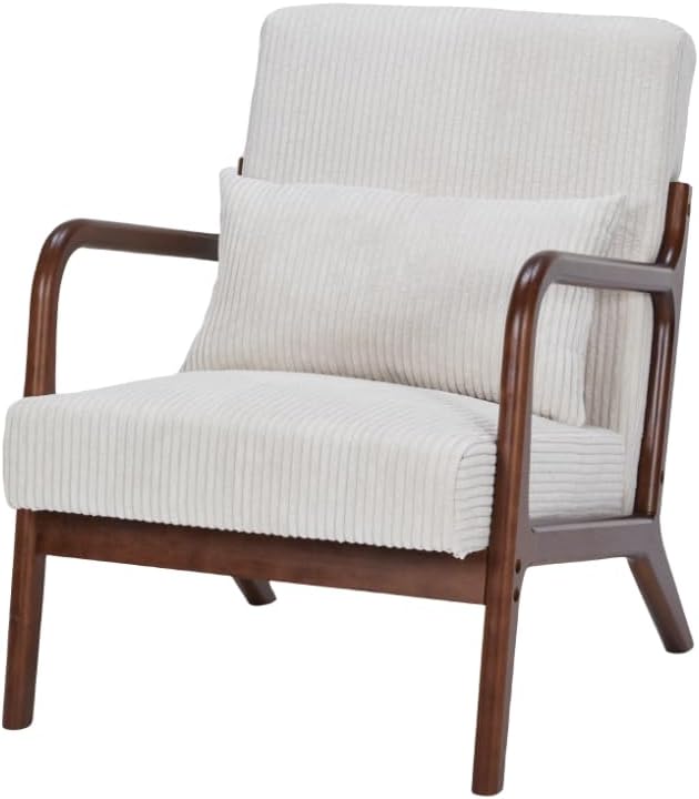 GDFStudio Aogex Upholstered Armchair Corduroy Club Chair Accent Chair Solid Wood Single Sofa Lounge with Armrest Comfort Seating with Lumbar Support for Reading Living Room Home Beige+Walnut