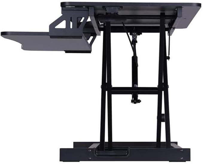 Pemberly Row Standing Desk Converter Adjustable Height Riser Black MDF Surface 31.5 x 16.4 Desktop Includes Dual Monitor Arm &amp Tablet Holder Ergonomic Keyboard Tray Home Office Use