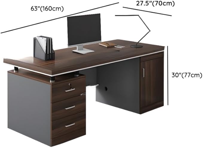LITFAD Wood Office Computer Desk with Cabinet and Locking Drawer Cord Management Modern Executive Desk Simple Writing Desk for Home Office (Without Chairs) Brown 63 L x 24 W x 30 H
