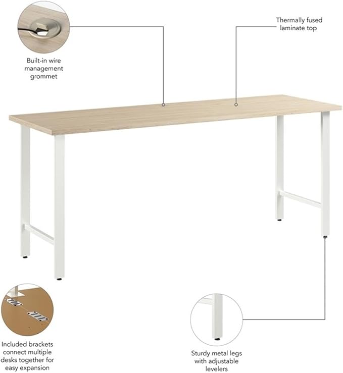 Bush Business Furniture Hustle 72W x 24D Computer Desk with Metal Legs in Natural Elm/White Modular Office Table for Home and Professional Workspace