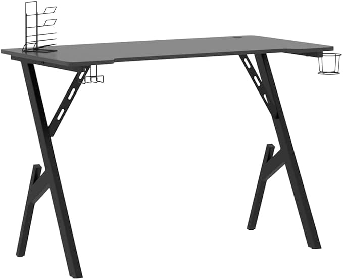 Ergonomic Gaming Desk Black Engineered Wood Sturdy Iron Frame Computer Table 43.3 x 43.3 x 29.5 Inch for Home Office PC Gamer Setup Cup Holder &amp Headphone Hook.