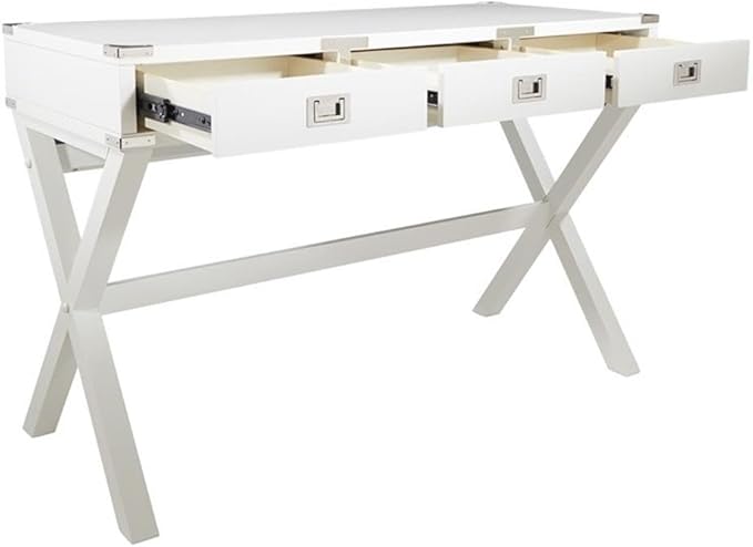 Pemberly Row Contemporary Wood Desk 46 in White Finish Built-in Power Station 3-Drawer Design Semi-Assembled Home Office Writing Desk for Workspace Organization