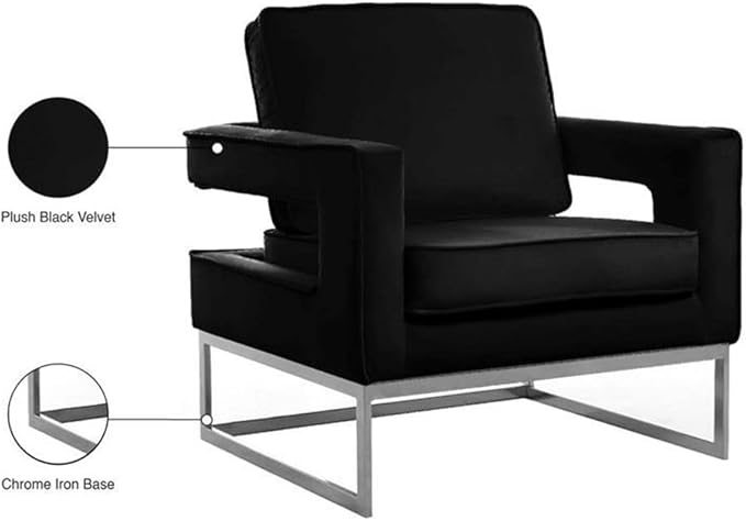 Pemberly Row Contemporary Upholstered Black Velvet Accent Chair Solid Wood Frame Chrome Iron Legs High-Density Foam Padding Comfortable Design 33.5 W x 29.5 D x 35.5 H Stylish Seating for