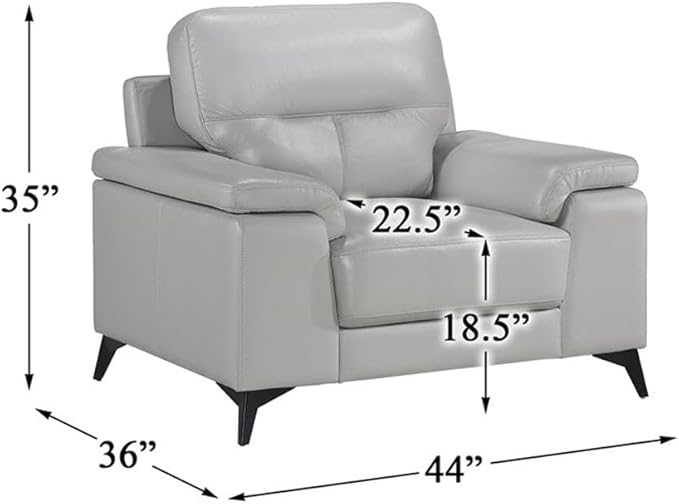 Pemberly Row Leather Match Accent Chair Silver Gray Finish Top Grain Leather and Faux Leather Pillow-Top Arms Black Metal Legs 35 in H x 43.75 in W x 36 in D Modern Living Room Seating