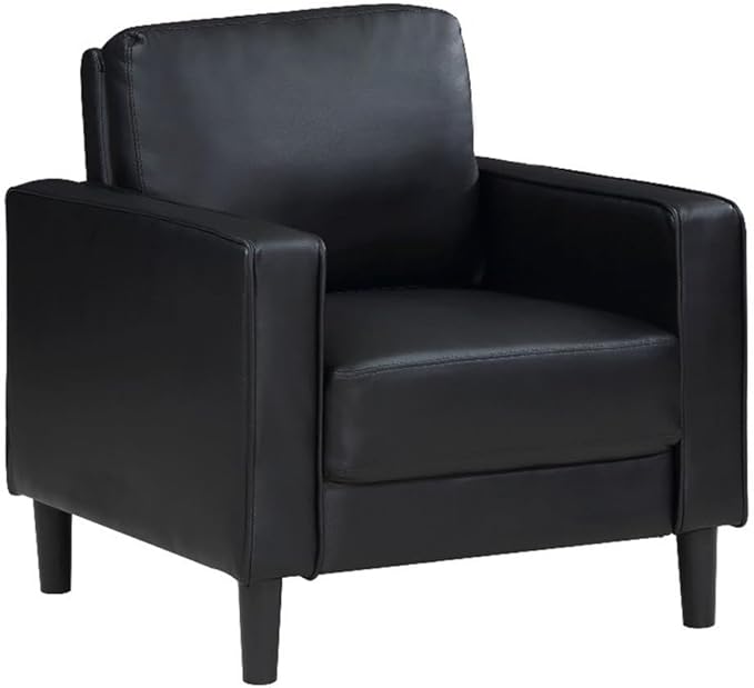 Pemberly Row Faux Leather Upholstered Accent Chair Black 33.5 in H x 32.25 in W x 31.5 in D Structured Track Arms Sinuous Spring Seating Compact Modern Design for Living Room or Office