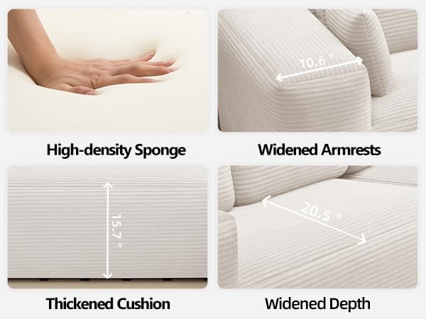 107 Cloud Sectional Couch with Chaise L Shaped Boneless Couch with Deep Seat 3 Seater Corduroy Modular Sectional Sofa for Living Room No Assembly Required （Right Facing Chaise Cream Beige）