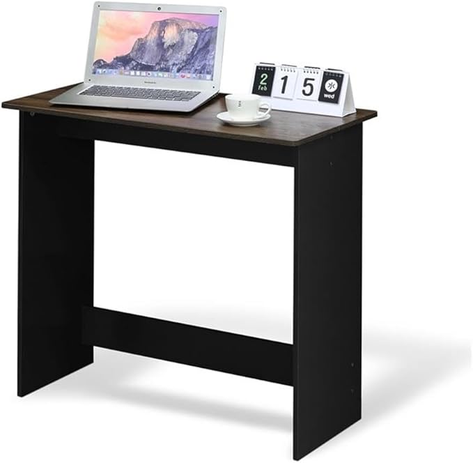 Pemberly Row Simplistic Engineered Wood Study Table 31.5 in Wide Columbia Walnut/Black Finish Compact Design with Rounded Corners Durable Writing Desk for Home Office or Small Spaces