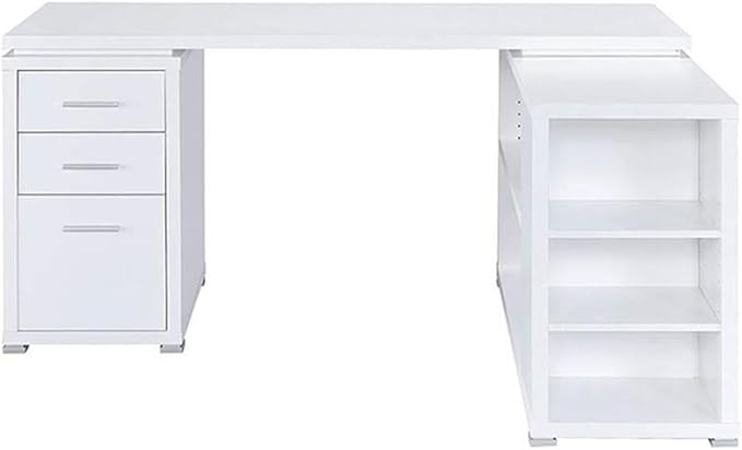 UrbanPro L-Shaped Wood Writing Desk 60 W x 47.25 D x 29.5 H White/Silver Finish MDF and Laminate Construction 3 Drawers with File Cabinet Open Shelves Reversible Home Office Desk