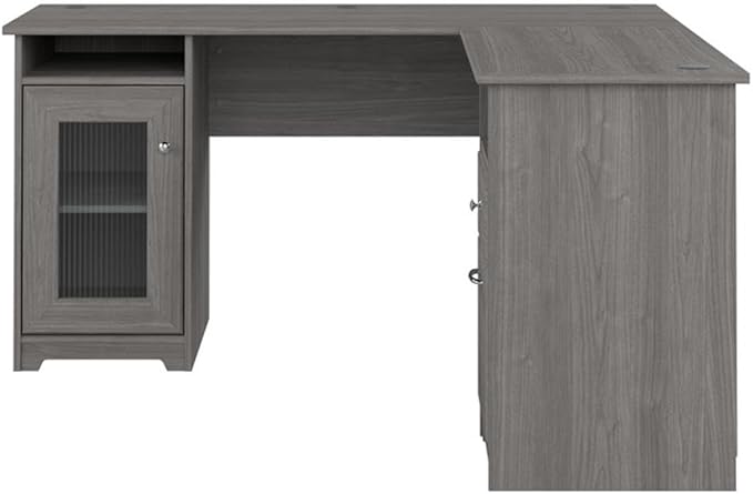 Pemberly Row 60 L Shaped Computer Desk Engineered Wood Gray Finish Transitional Style Home Office Desk with Storage Cabinet File Drawer Adjustable Shelf Wire Management Cubby Spaces