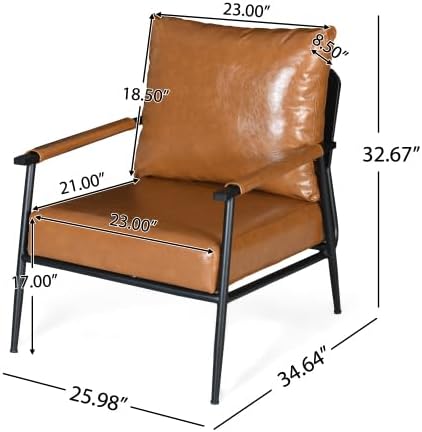 Mid-Century Modern Accent Chair with Brown Faux Leather Upholstery Padded High Backrest Metal Frame and Faux Leather Wrapped Armrests Perfect for Living Room Bedroom or Office