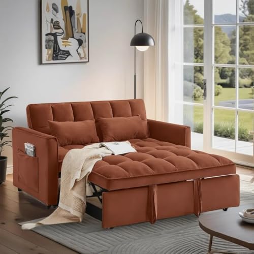 3 in 1 Convertible Sofa Bed Velvet Fabric Loveseat Sleeper Couch Modern Pull Out Couch with Side Pockets Sleeper Sofa Bed with Adjustable Backrest for Living Room Camel