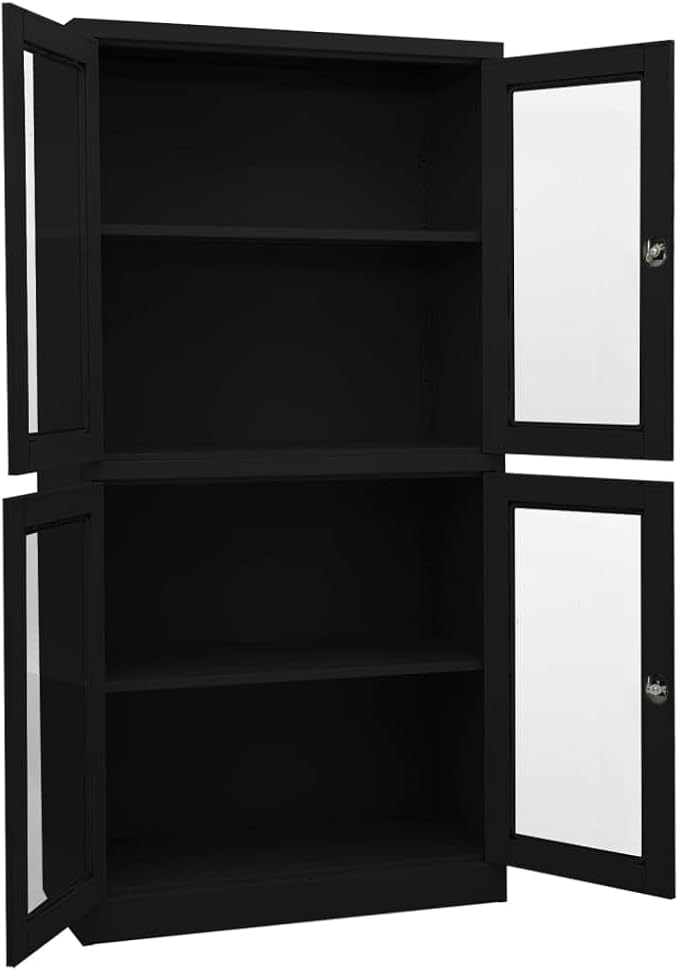 Metal Office Cabinet Garage Storage Cabinet with Tempered Glass Doors and Adjustable Shelves 70.9 Black Steel Lockable File CabinetLocking Tool Cabinets for OfficeHome (Style A) -AA