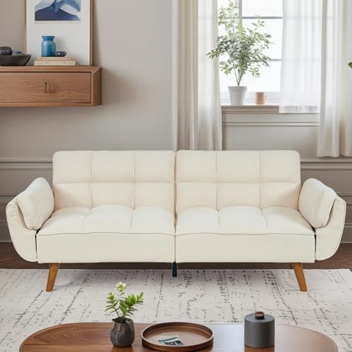 Convertible Futon Sofa Bed Modern Futon Couch with 2 Pillows Small Futons Couch with Adjustable Armrest &amp Backrest Loveseat Sofa Bed for Living Room Bedroom Beige