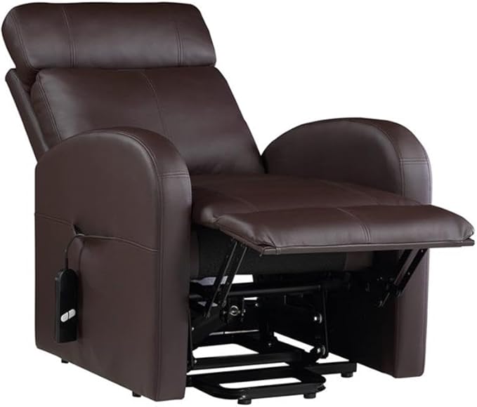 BOWERY HILL Power Lift Recliner 28 W x 37 D x 40 H Brown PU Upholstery Horizontal Tufted Back Contrast Stitching Wired Controller Metal Lift Base Contemporary Style Living Room Chair
