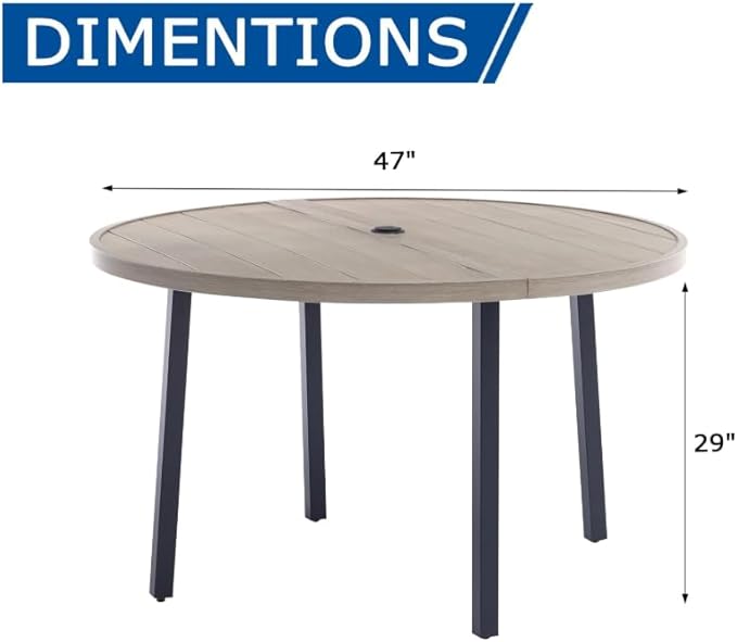 42 Round Patio Dining Table for 4 All-Weather Metal Patio Table with Umbrella Hole Outdoor Round Dining Table for Lawn Garden Porch Honey Oak