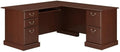 Pemberly Row L-Shape Executive Office Computer Desk 66 in x 71.2 in Harvest Cherry Finish Manufactured Wood Double Pedestal Base with Storage Keyboard Shelf File Drawers Home Office Desk