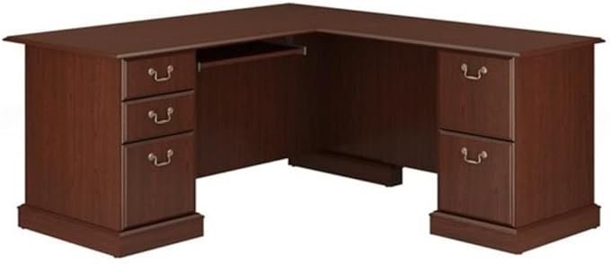 Pemberly Row L-Shape Executive Office Computer Desk 66 in x 71.2 in Harvest Cherry Finish Manufactured Wood Double Pedestal Base with Storage Keyboard Shelf File Drawers Home Office Desk