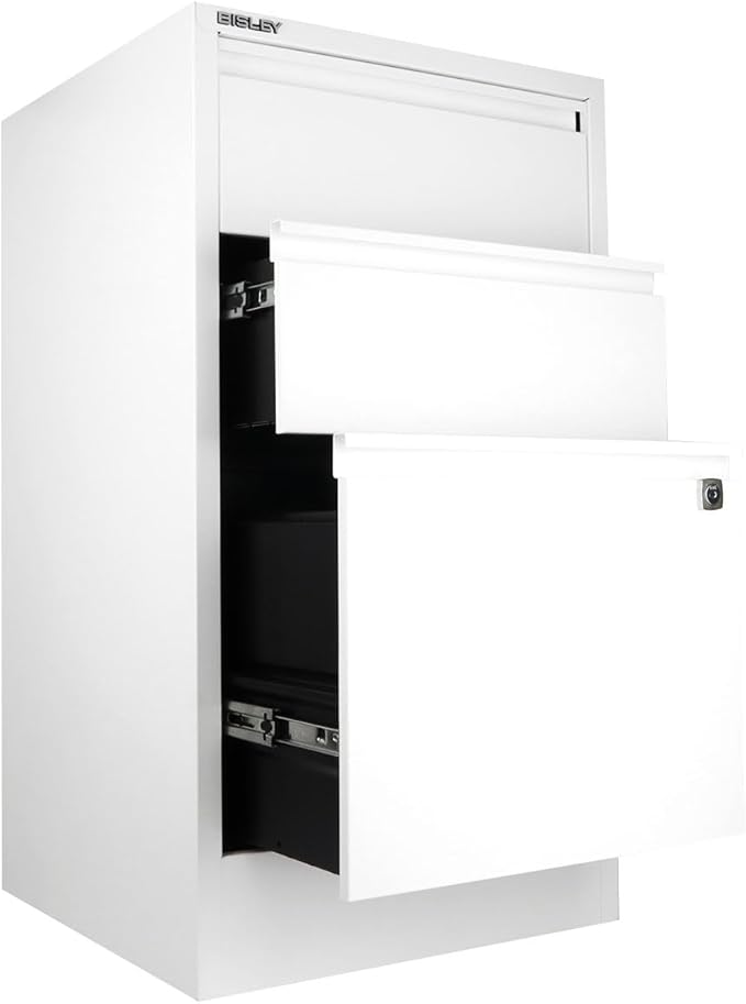 Bisley 3-Drawer Flush Front Vertical File Cabinet - Traffic White 2 Utility Drawers + 1 Hanging File Drawer Powder-Coated Steel Locking Bottom Drawer