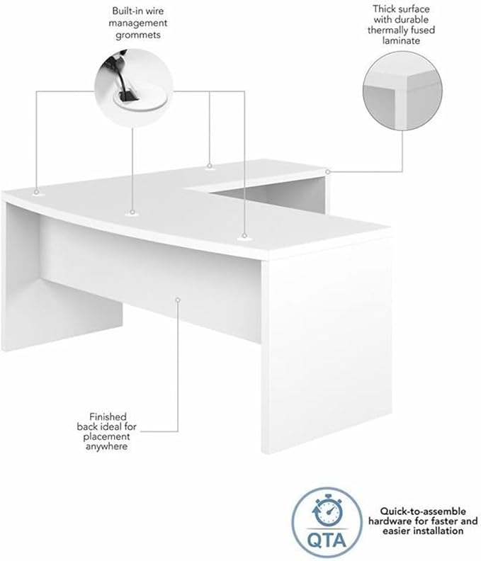 Pemberly Row 72W Bow Front L Shaped Desk Pure White Finish Engineered Wood Durable Thermally Fused Laminate Includes 42W Return Home or Office Furniture