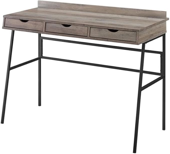 Pemberly Row 42 Engineered Wood 3-Drawer Desk Gray Wash Finish Angled Front Design Cutout Handles Cord Management Minimalistic Metal Legs Modern Writing Desk for Home Office
