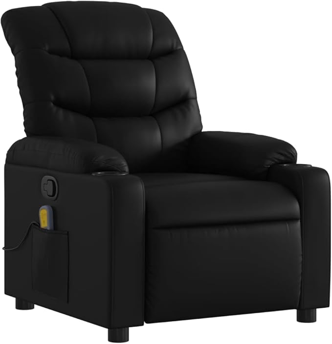vidaXL Black Faux Leather Massage Recliner Chair-Elderly Reclining Armchair with Manual Adjustment-USB-Powered Vibrating Massage