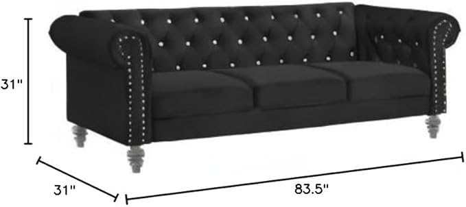 New Classic Furniture Glam Emma Velvet Three Seater Chesterfield Style Sofa for Small Spaces with Crystal Button Tufts Black