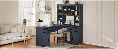 Bellemave L-Shaped Computer Desk with Drawers Hutch and Bookshelf Home Office Desk Corner Gaming Computer Desk with Power Outlet Study Table Writing Desk Antique Blue