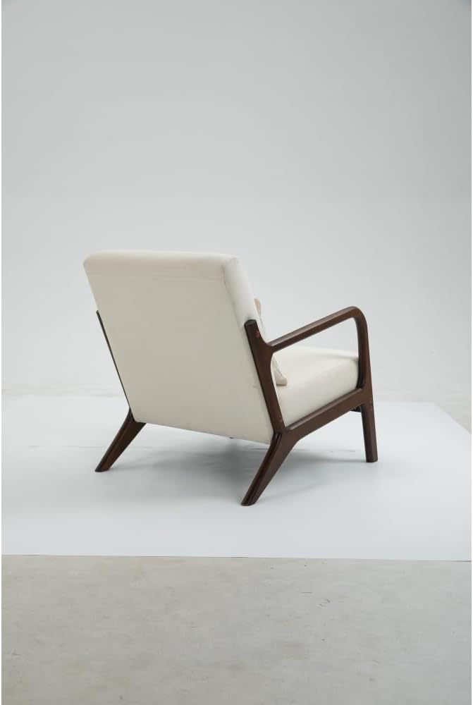 Mid Century Modern Accent Chair with Wood Frame Upholstered Living Room Chairs with Waist Cushion Reading Armchair for Bedroom Sunroom (White + Velvet + Cotton-1)