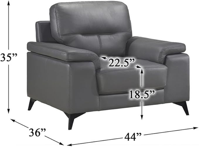 Pemberly Row Leather Upholstered Accent Chair 35 H x 43.75 W x 36 D Dark Gray Top Grain Leather Black Metal Legs Plush Foam Cushions Modern Design Living Room Seating