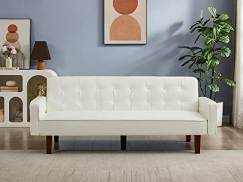Modern PU Leather 3-Seat Couch Adjustable Backrest Convertable Sofa Sleek Minimalist Fold Out Couch Loveseat with Armrests Sofa for Living Room Home Office Spaces White