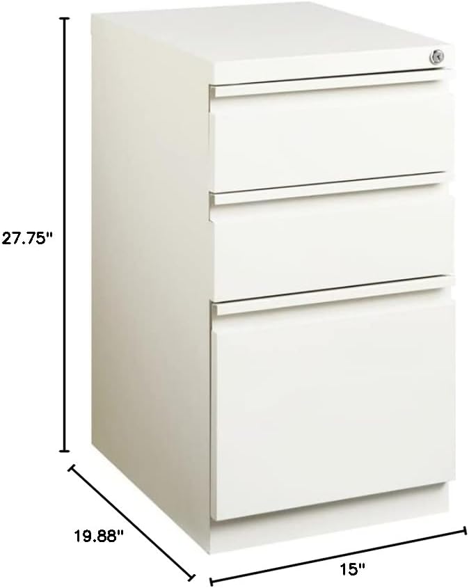 BOWERY HILL 3-Drawer Metal Mobile Filing Cabinet 20 in Depth Steel Construction White Finish Hidden Casters Letter-Size File Storage Pre-Assembled for Home or Office Use