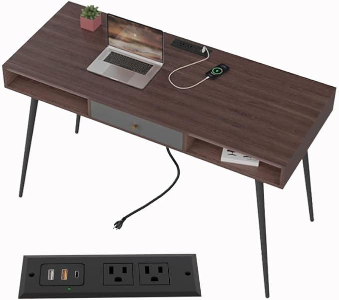 kevinplus Modern Mid-Century Desk with Drawer 46.8'' with Fast Charge USB Port &amp Power Outlet Study PC Computer Writing Desk with Type-C Ports Charging Station Home Office Desk Walnut &amp Dar