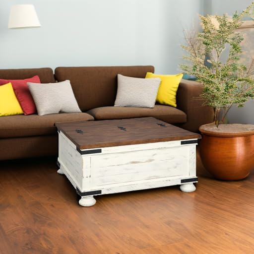 Signature Design by Ashley Wystfield Farmhouse Coffee Table with Storage Hinged Lift Top Wood 36 W x 36 D x 18 H Distressed White