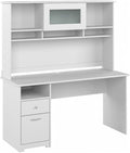 Pemberly Row 60W Computer Desk with Hutch Engineered Wood White Finish Built-in Wire Management File Drawer Open and Closed Shelving Home Office Desk for Workspace Organization