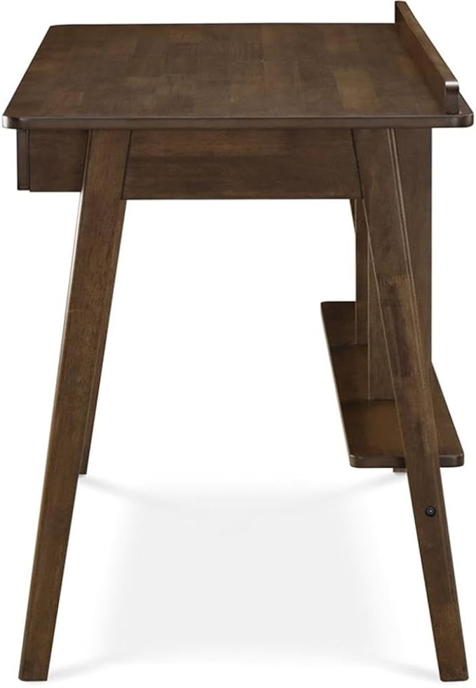 UrbanPro Modern Writing Desk Brown Wood Finish Mid-Century Contemporary Design Slim Profile with Drawer and Shelf Functional Home Office Desk for Small Rooms or Apartments