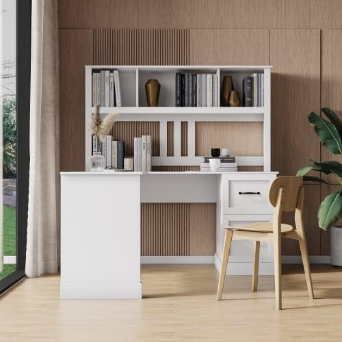 WERSMT Home Office Executive Desks with Drawer Modern Corner Desk with Hutch 60 Large Wood L Shaped Desks with Shelves &amp File Cabinet White