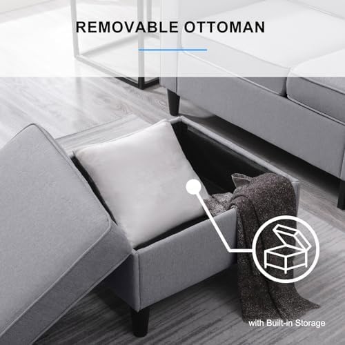 PUREMIND 2 Piece Living Room Sofa Set L Shaped Sectional Couch and Loveseat Sets Modern Linen 3 Seater Sofa with Storage Ottoman + 2-Seat Love Seat Furniture Sets for Apartment