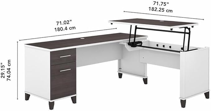 Pemberly Row Wood Sit to Stand L Shaped Desk 72W x 66D Adjustable 3 Position Height White and Gray Finish Engineered Wood Wire Management Office Desk with Drawers