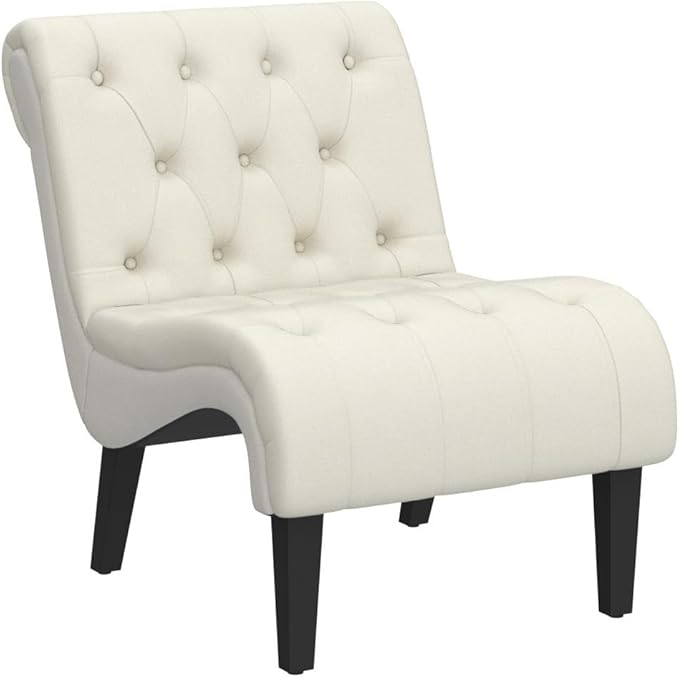 AVAWING Armless Accent Chair Set of 2 Upholstered Button Tufted Living Room Chairs with Wood Legs Comfy Frosted Velvet Lounge Chair Reading Chair for Bedroom Cream White