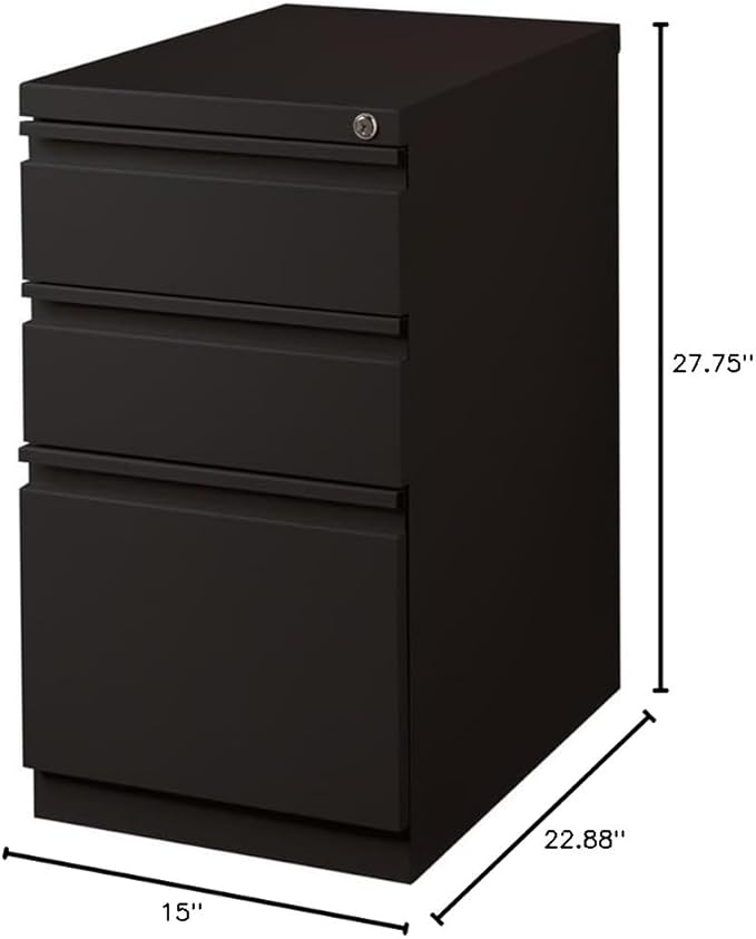 Pemberly Row Mobile 3-Drawer Filing Cabinet 23 D Steel Black Box/Box/File Full Extension Drawers Hidden Casters Lockable Letter-Size Hanging File Storage Commercial Office Use