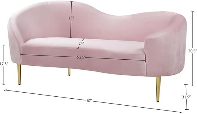 Meridian Furniture Ritz Collection Modern | Contemporary Velvet Upholstered Loveseat with Sturdy Metal Legs in Rich Gold Finish Pink 67 W x 31.75 D x 30.5 H