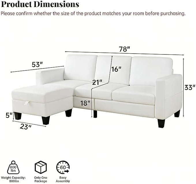 Sectional Sofa Couches for Living Room - 3-Seat White L-Shaped Modern Sofa Couch with Reversible Storage Ottoman &amp Storage Pockets for Living Room Apartment Studio or Small Space | small couch