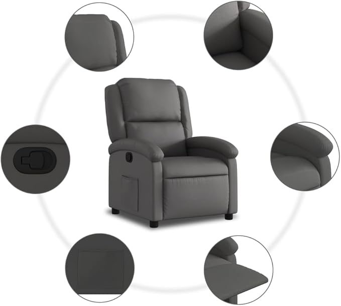 vidaXL Recliner Chair - Gray Real Leather Adjustable Wingback Armchair Manual Recline up to 135° Ergonomic Design with Footrest for Elderly Sturdy Frame and Convenient Side Pocket