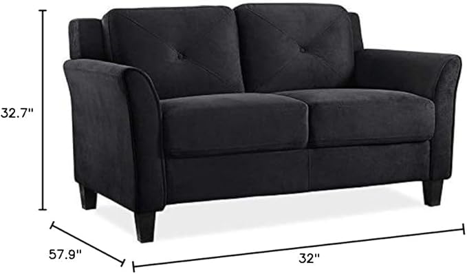 BOWERY HILL Transitional Microfiber Loveseat 56.3 Wide Curved Arms Attached Tufted Cushions Plush Seating Black Finish Solid Wood Frame Compact Living Room or Small Space Furniture