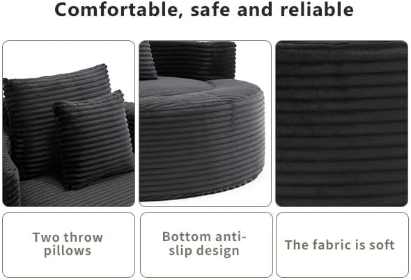 55 Black Oversized Round Boneless Couch Sofa Velvet Memory Foam Cloud Couches Lounge Chair Comfy Fluffy Single Sofa with 3 Pillows for Living Room Bedroom No Assembly Required (Black .)