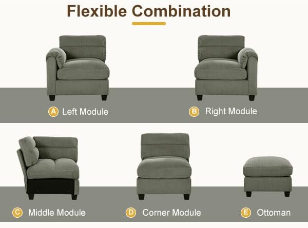 135” Modular Sectional L Shaped Corner Sofa with Movable Ottoman Corduroy 9-Seater Couches with Thick Cushion for Living Room Green